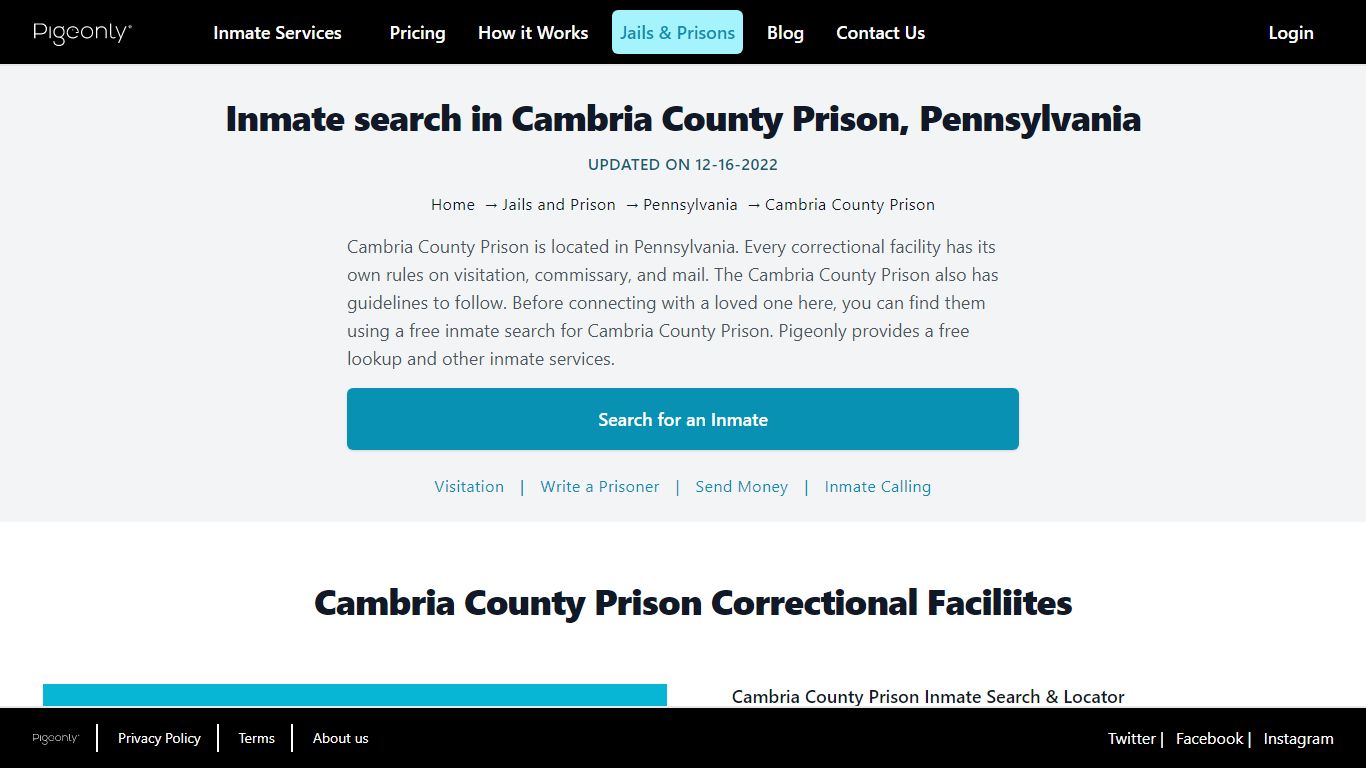 Inmate Search Cambria County Prison, Pennsylvania | Pigeonly