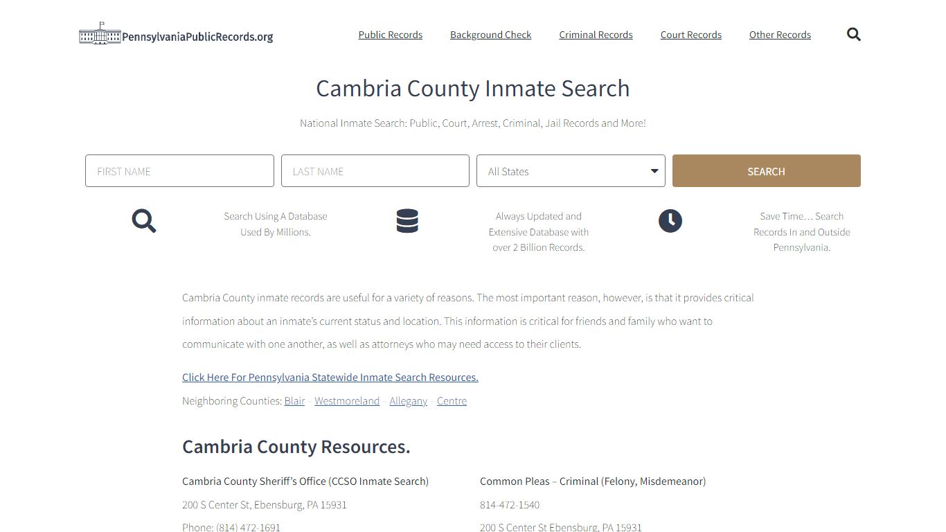 Cambria County Inmate Search - CCSO Current & Past Jail Records